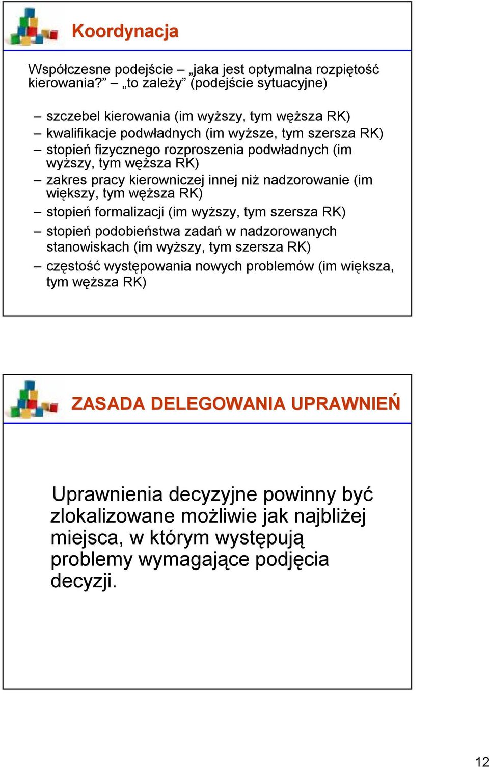 wyższy, tym węższa RK) zakres pracy kierowniczej innej niż nadzorowanie (im większy, tym węższa RK) stopień formalizacji (im wyższy, tym szersza RK) stopień podobieństwa zadań w