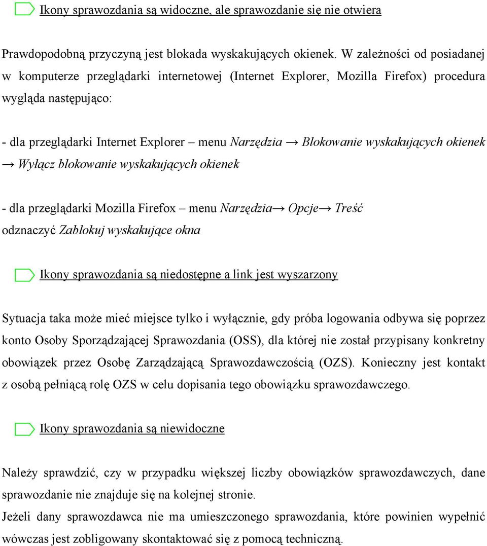 wyskakujących okienek Wyłącz blokowanie wyskakujących okienek - dla przeglądarki Mozilla Firefox menu Narzędzia Opcje Treść odznaczyć Zablokuj wyskakujące okna Ikony sprawozdania są niedostępne a