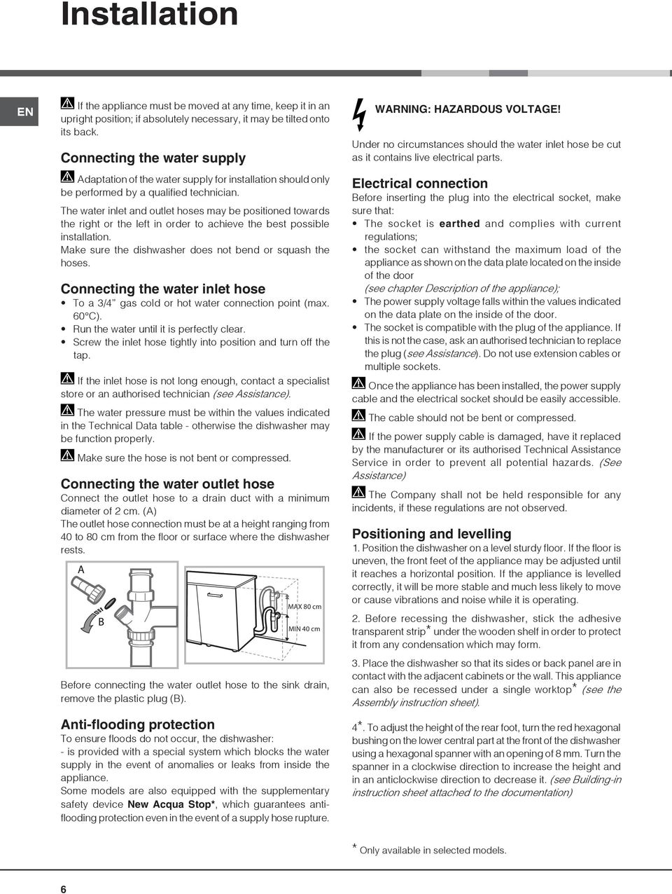 The water inlet and outlet hoses may be positioned towards the right or the left in order to achieve the best possible installation. Make sure the dishwasher does not bend or squash the hoses.