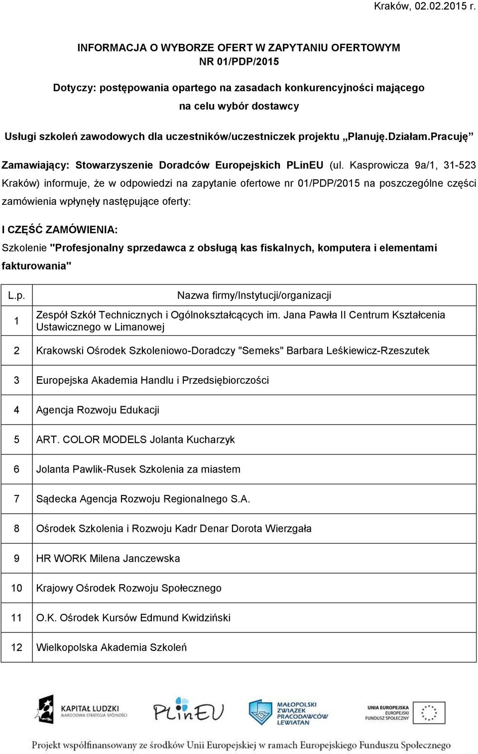 uczestników/uczestniczek projektu Planuję.Działam.Pracuję Zamawiający: Stowarzyszenie Doradców Europejskich PLinEU (ul.