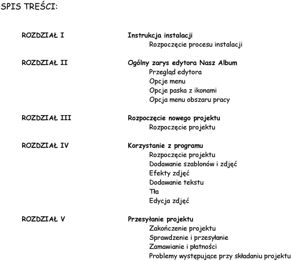 ROZDZIAŁ IV Korzystanie z programu Rozpoczęcie projektu Dodawanie szablonów i zdjęć Efekty zdjęć Dodawanie tekstu Tła Edycja zdjęć
