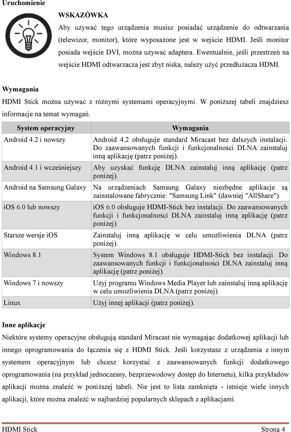 Wymagania HDMI Stick można używać z różnymi systemami operacyjnymi. W poniższej tabeli znajdziesz informacje na temat wymagań. System operacyjny Android 4.2 i nowszy Android 4.