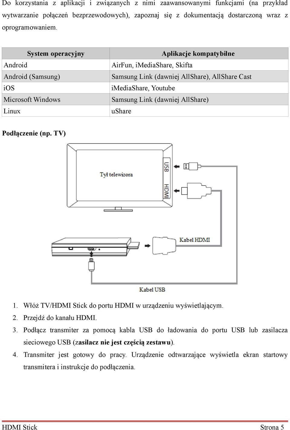 Link (dawniej AllShare) ushare Podłączenie (np. TV) 1. Włóż TV/HDMI Stick do portu HDMI w urządzeniu wyświetlającym. 2. Przejdź do kanału HDMI. 3.