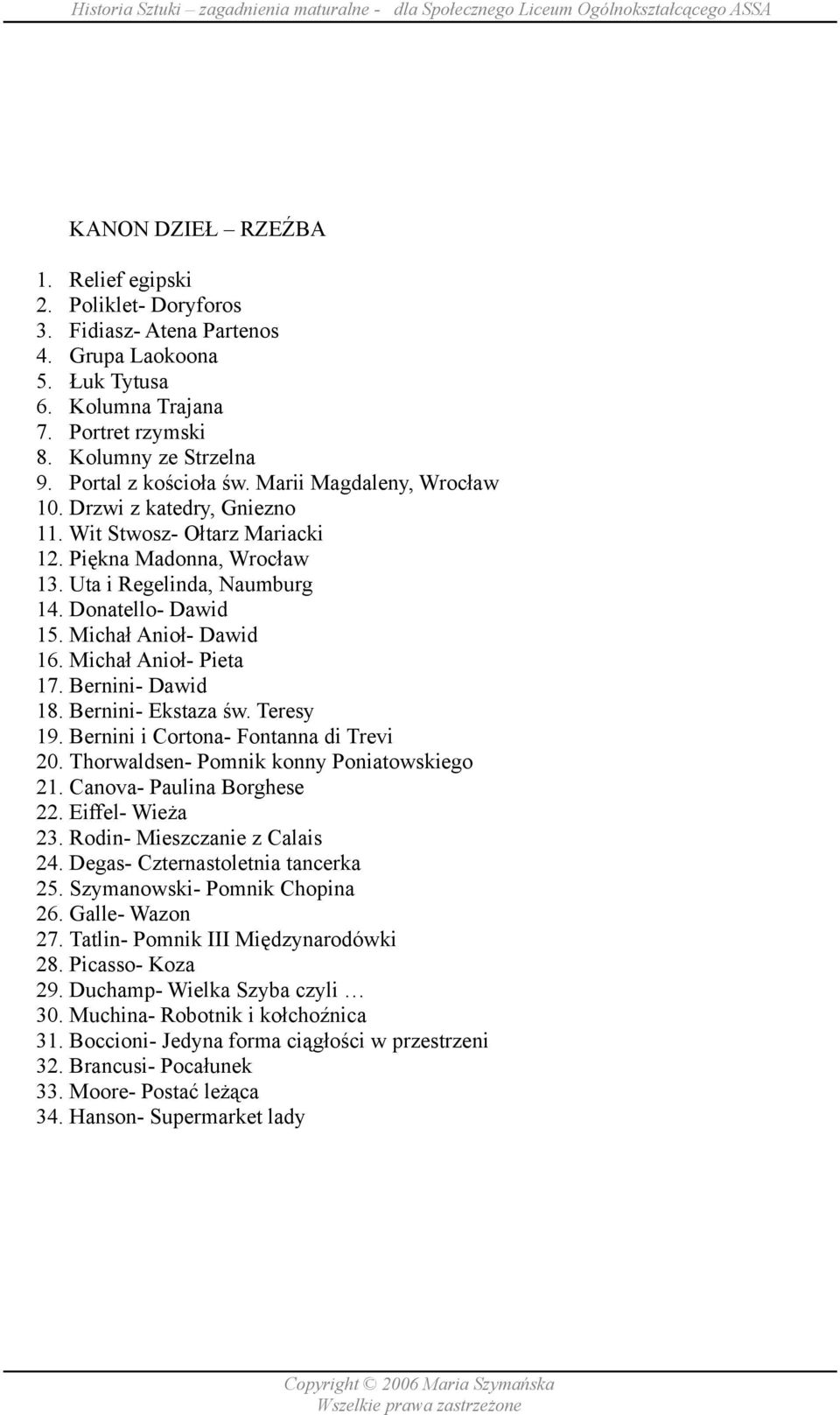 Michał Anioł- Dawid 16. Michał Anioł- Pieta 17. Bernini- Dawid 18. Bernini- Ekstaza św. Teresy 19. Bernini i Cortona- Fontanna di Trevi 20. Thorwaldsen- Pomnik konny Poniatowskiego 21.