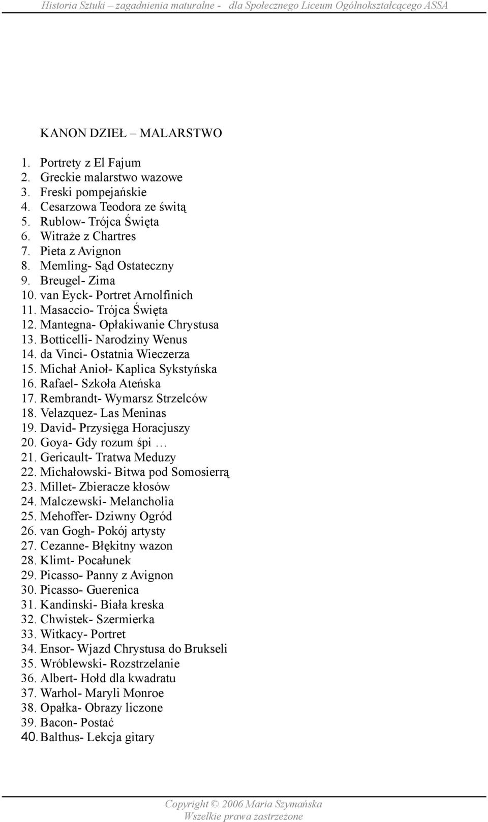 da Vinci- Ostatnia Wieczerza 15. Michał Anioł- Kaplica Sykstyńska 16. Rafael- Szkoła Ateńska 17. Rembrandt- Wymarsz Strzelców 18. Velazquez- Las Meninas 19. David- Przysięga Horacjuszy 20.
