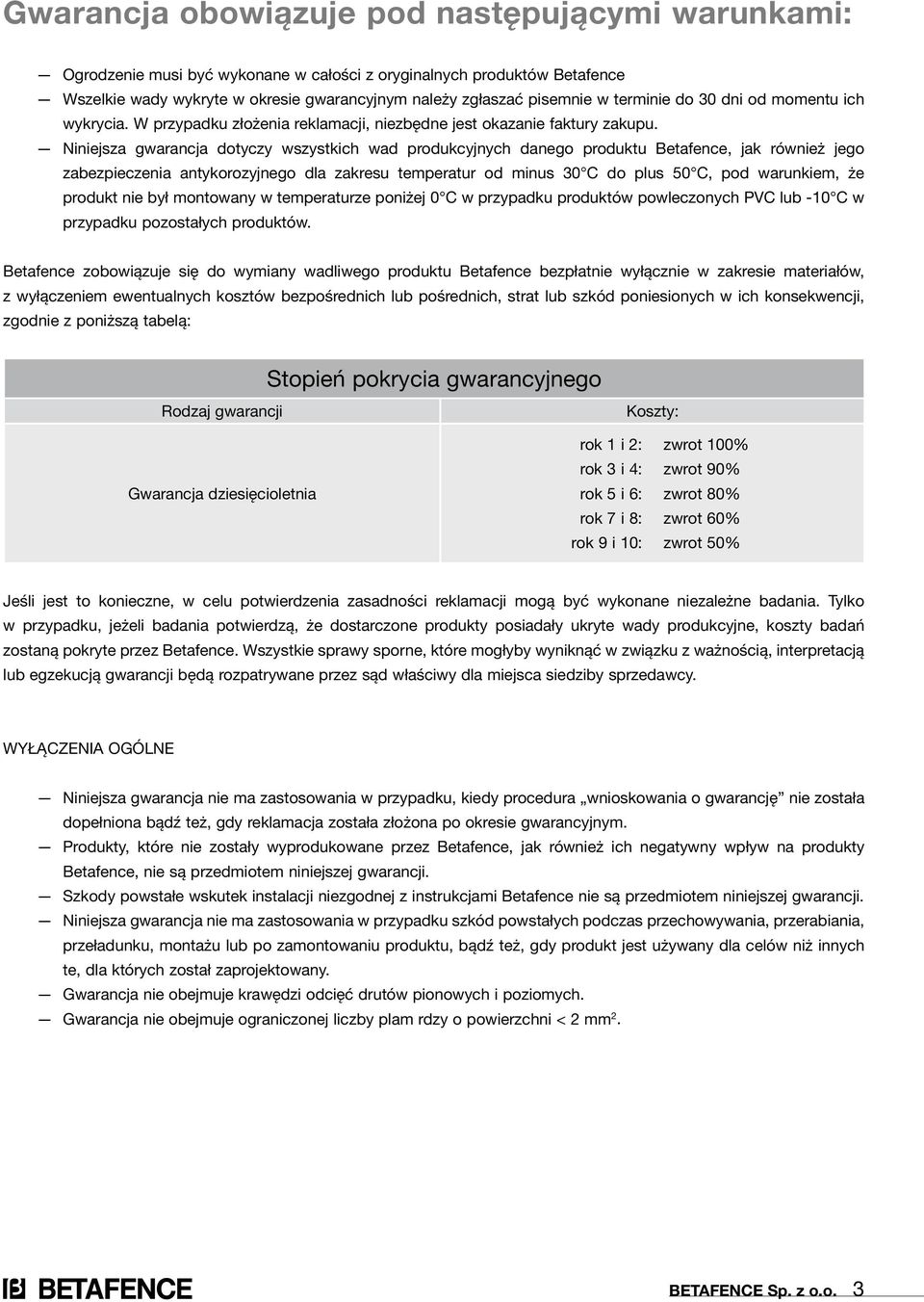 Niniejsza gwarancja dotyczy wszystkich wad produkcyjnych danego produktu Betafence, jak również jego zabezpieczenia antykorozyjnego dla zakresu temperatur od minus 30 C do plus 50 C, pod warunkiem,