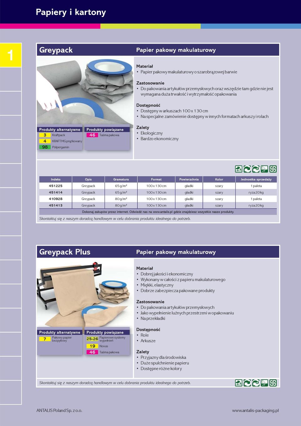 Ekologiczny Bardzo ekonomiczny Indeks Opis Gramatura Format Powierzchnia Kolor Jednostka sprzedaży 451225 Greypack 65 g/m² 100 x 130 cm gładki szary 1 paleta 451414 Greypack 65 g/m² 100 x 130 cm