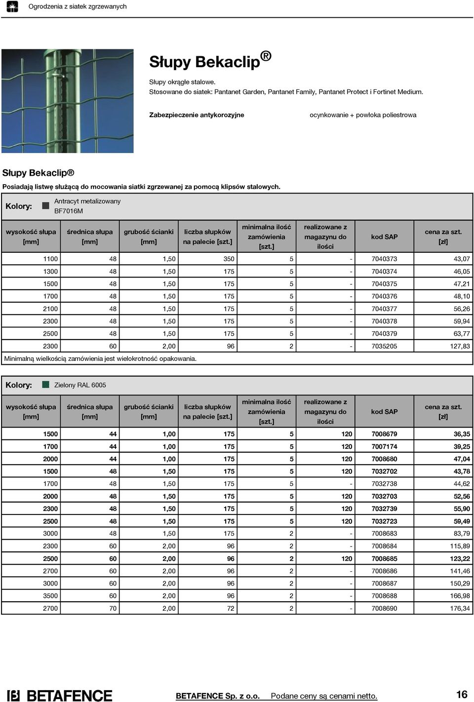 Kolory: Antracyt metalizowany BF7016M wysokość słupa średnica słupa grubość ścianki liczba słupków na palecie [szt.] minimalna ilość zamówienia [szt.] magazynu do ilości cena za szt.