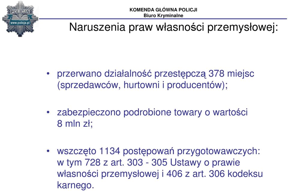 wartości 8 mln zł; wszczęto 1134 postępowań przygotowawczych: w tym 728 z art.