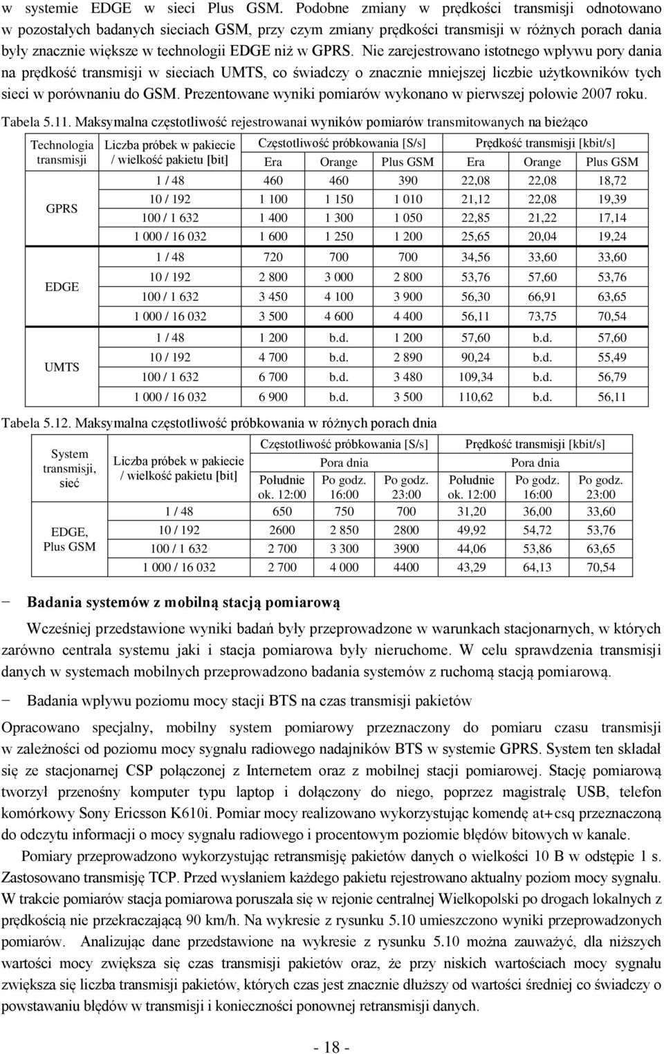 Nie zarejestrowano istotnego wpływu pory dania na prędkość transmisji w sieciach UMTS, co świadczy o znacznie mniejszej liczbie użytkowników tych sieci w porównaniu do GSM.