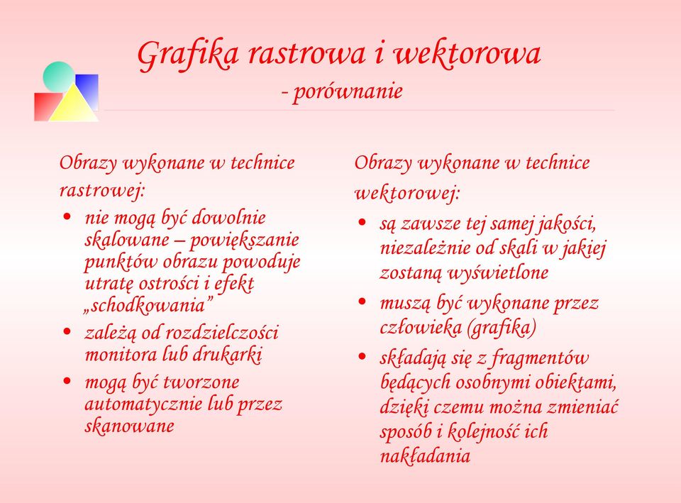 skanowane Obrazy wykonane w technice wektorowej: są zawsze tej samej jakości, niezależnie od skali w jakiej zostaną wyświetlone muszą być