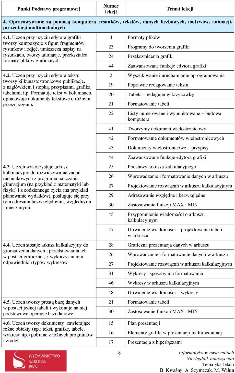 Uczeń przy użyciu edytora tekstu tworzy kilkunastostronicowe publikacje, z nagłówkiem i stopką, przypisami, grafiką tabelami, itp.