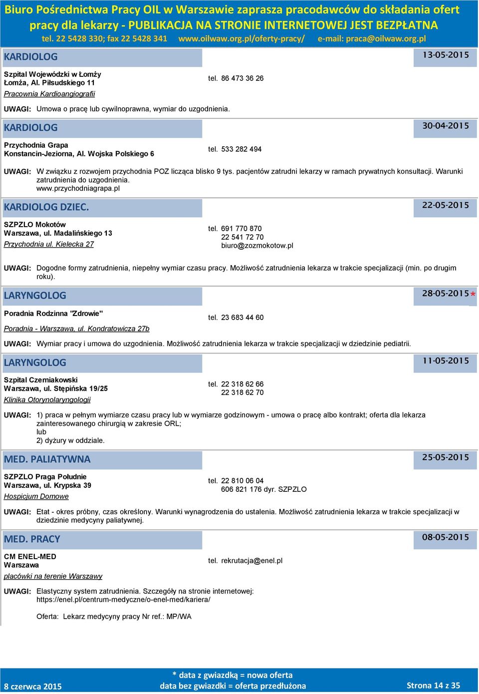 pacjentów zatrudni lekarzy w ramach prywatnych konsultacji. Warunki zatrudnienia do uzgodnienia. www.przychodniagrapa.pl KARDIOLOG DZIEC. SZPZLO Mokotów, ul. Madalińskiego 13 Przychodnia ul.