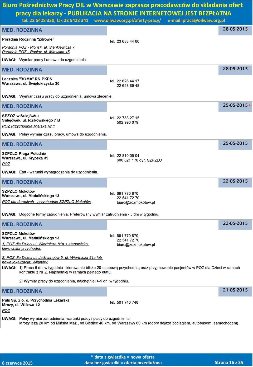 Idzikowskiego 7 B Przychodnia Miejska Nr 1 tel. 22 783 27 15 502 990 079 UWAGI: Pełny wymiar czasu pracy, umowa do uzgodnienia. 25-05-2015 SZPZLO Praga Południe, ul. Krypska 39 tel.