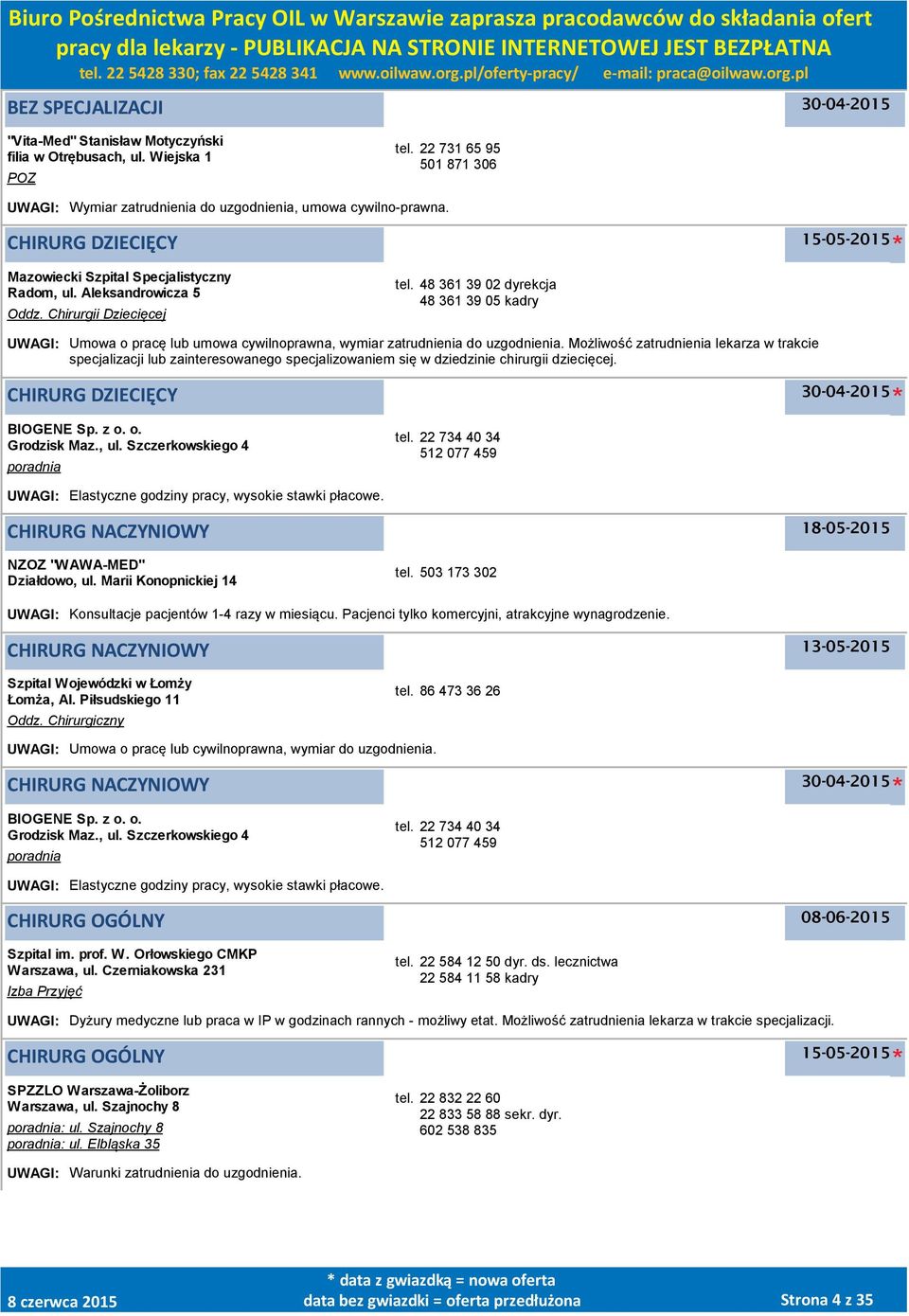 48 361 39 02 dyrekcja 48 361 39 05 kadry UWAGI: Umowa o pracę lub umowa cywilnoprawna, wymiar zatrudnienia do uzgodnienia.