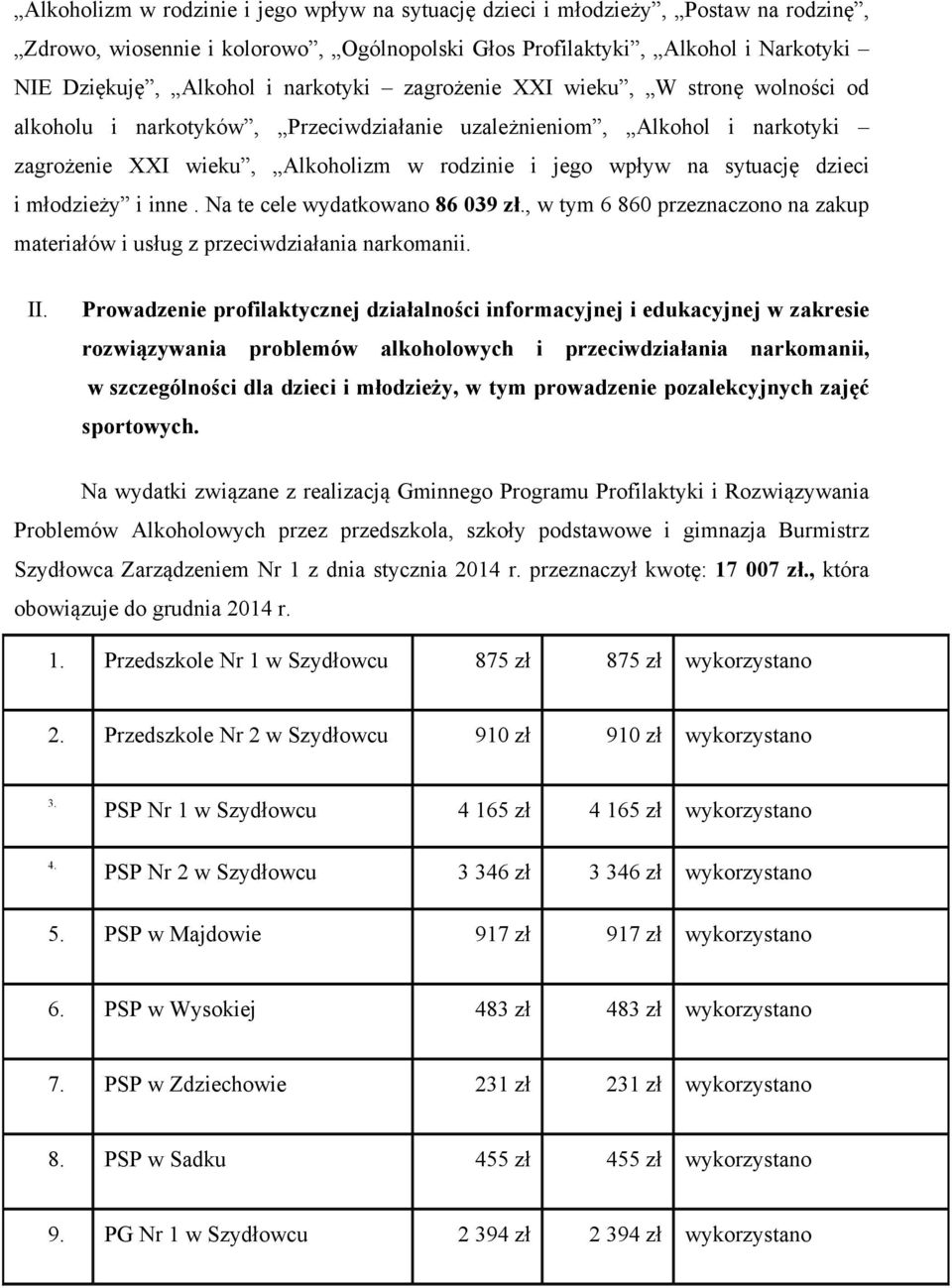 dzieci i młodzieży i inne. Na te cele wydatkowano 86 039 zł., w tym 6 860 przeznaczono na zakup materiałów i usług z przeciwdziałania narkomanii. II.