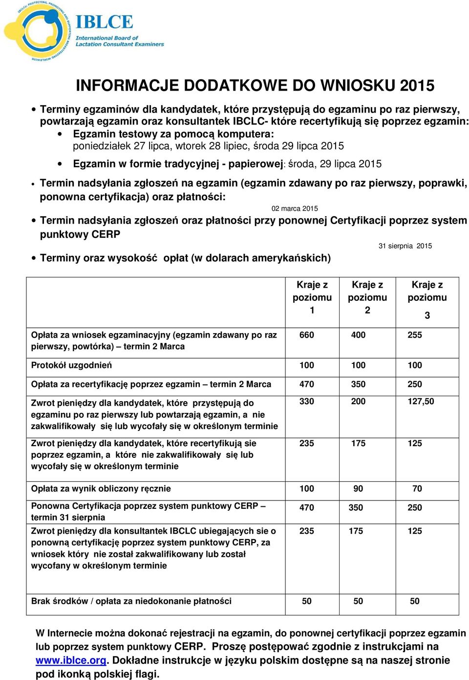 na egzamin (egzamin zdawany po raz pierwszy, poprawki, ponowna certyfikacja) oraz płatności: 02 marca 2015 Termin nadsyłania zgłoszeń oraz płatności przy ponownej Certyfikacji poprzez system punktowy