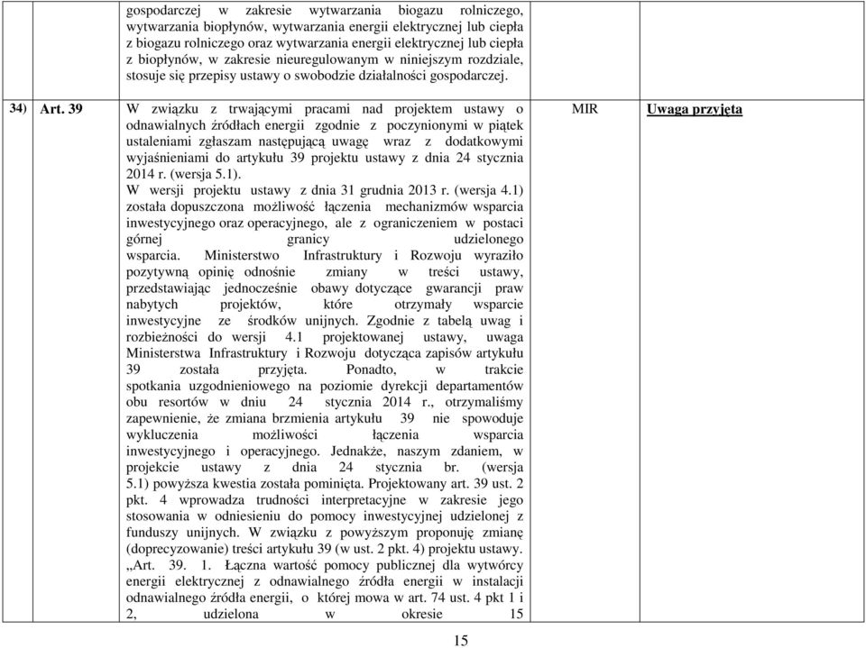39 W związku z trwającymi pracami nad projektem ustawy o odnawialnych źródłach energii zgodnie z poczynionymi w piątek ustaleniami zgłaszam następującą uwagę wraz z dodatkowymi wyjaśnieniami do