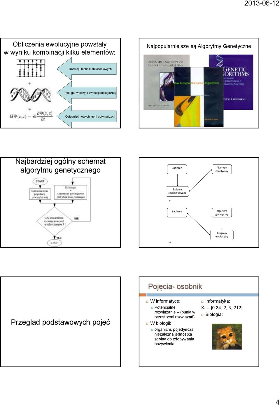 Zadanie zmodyfikowane a) Zadanie Algorytm genetyczny b) Program ewolucyjny Pojęcia- osobnik Przegląd podstawowych pojęć Potencjalne rozwiązanie