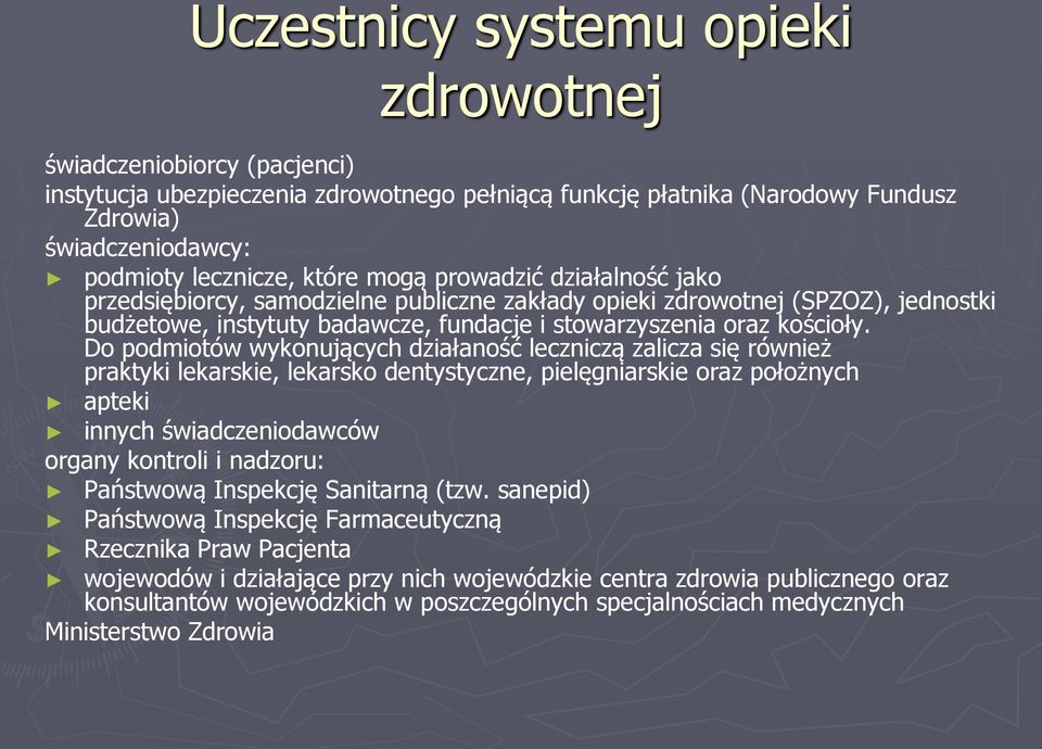 Do podmiotów wykonujących działaność leczniczą zalicza się również praktyki lekarskie, lekarsko dentystyczne, pielęgniarskie oraz położnych apteki innych świadczeniodawców organy kontroli i nadzoru: