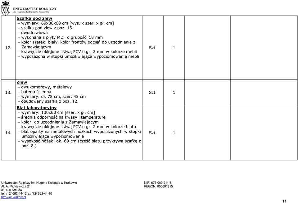 2 mm w kolorze mebli wyposażona w stopki umożliwiające wypoziomowanie mebli 13. 14. Zlew dwukomorowy, metalowy bateria ścienna wymiary: dł. 78 cm, szer. 43 cm obudowany szafką z poz. 12.