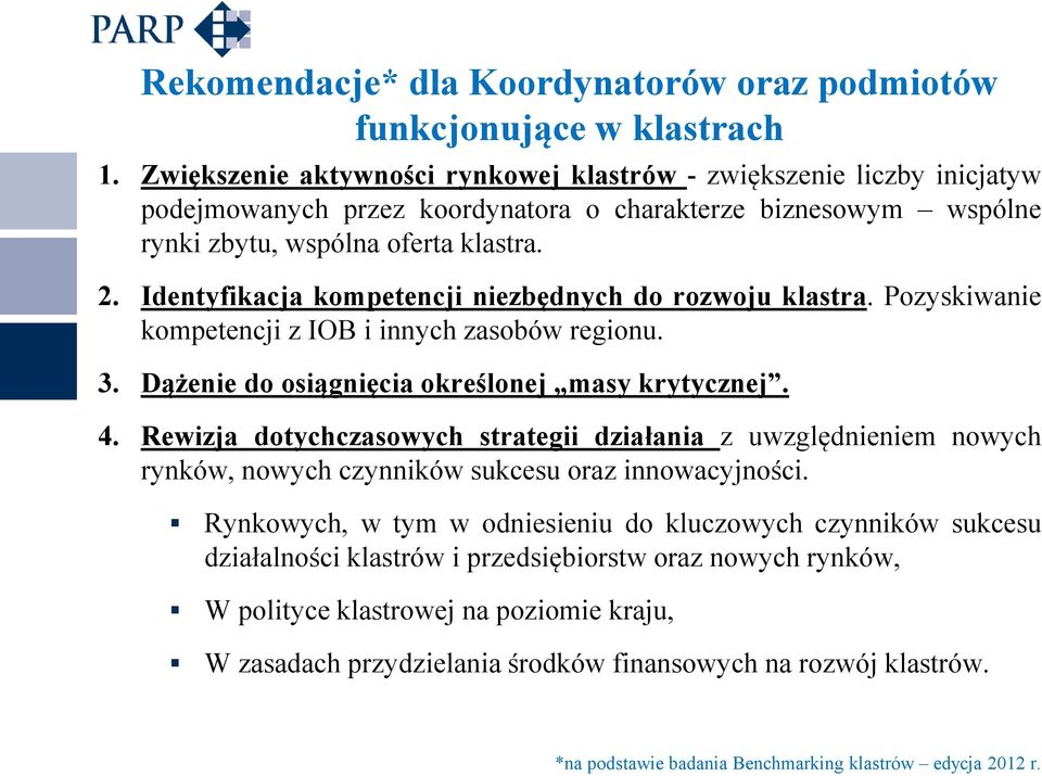 Identyfikacja kompetencji niezbędnych do rozwoju klastra. Pozyskiwanie kompetencji z IOB i innych zasobów regionu. 3. Dążenie do osiągnięcia określonej masy krytycznej. 4.