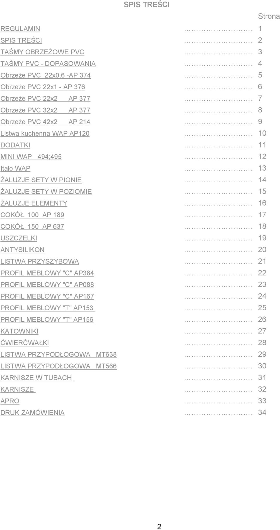 15 ŻLUZJE ELEMENTY. 16 COKÓŁ 100 P 189. 17 COKÓŁ 150 P 637. 18 USZCZELKI. 19 NTYSILIKON. 20 LISTW PRZYSZYBOW. 21 PROFIL MEBLOWY "C" P384. 22 PROFIL MEBLOWY "C" P088.