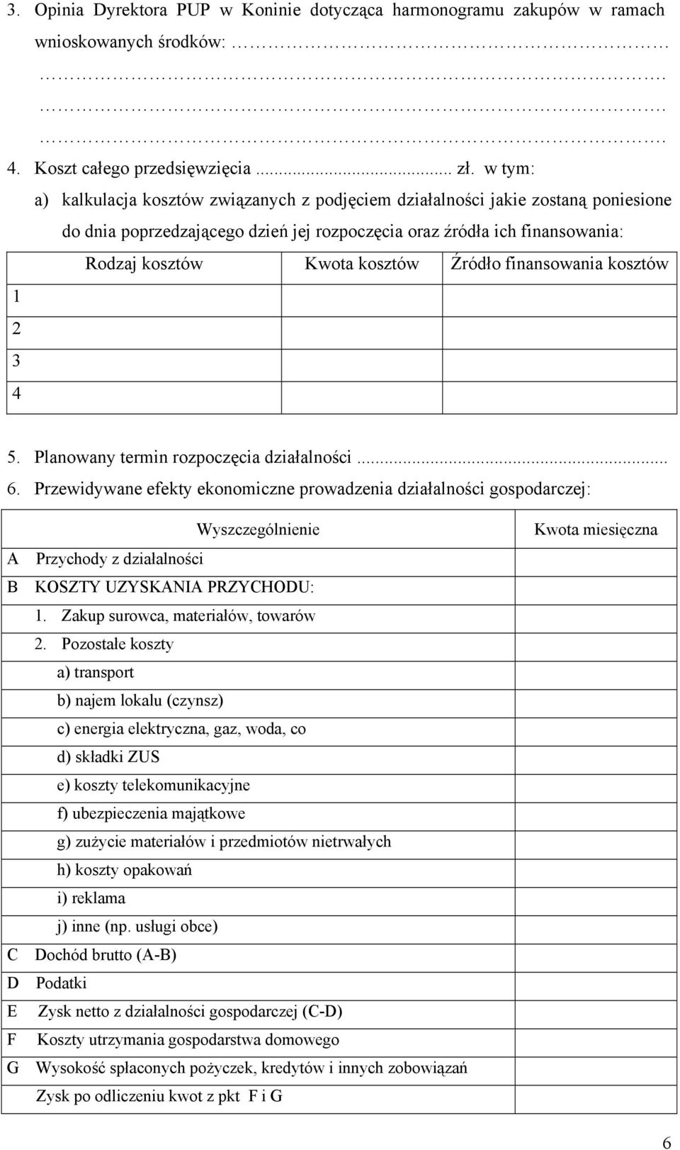Źródło finansowania kosztów 1 2 3 4 5. Planowany termin rozpoczęcia działalności... 6.