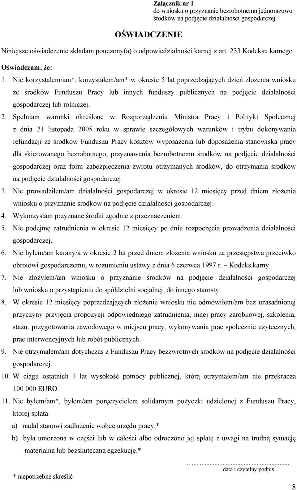 Nie korzystałem/am*, korzystałem/am* w okresie 5 lat poprzedzających dzień złożenia wniosku ze środków Funduszu Pracy lub innych funduszy publicznych na podjęcie działalności gospodarczej lub