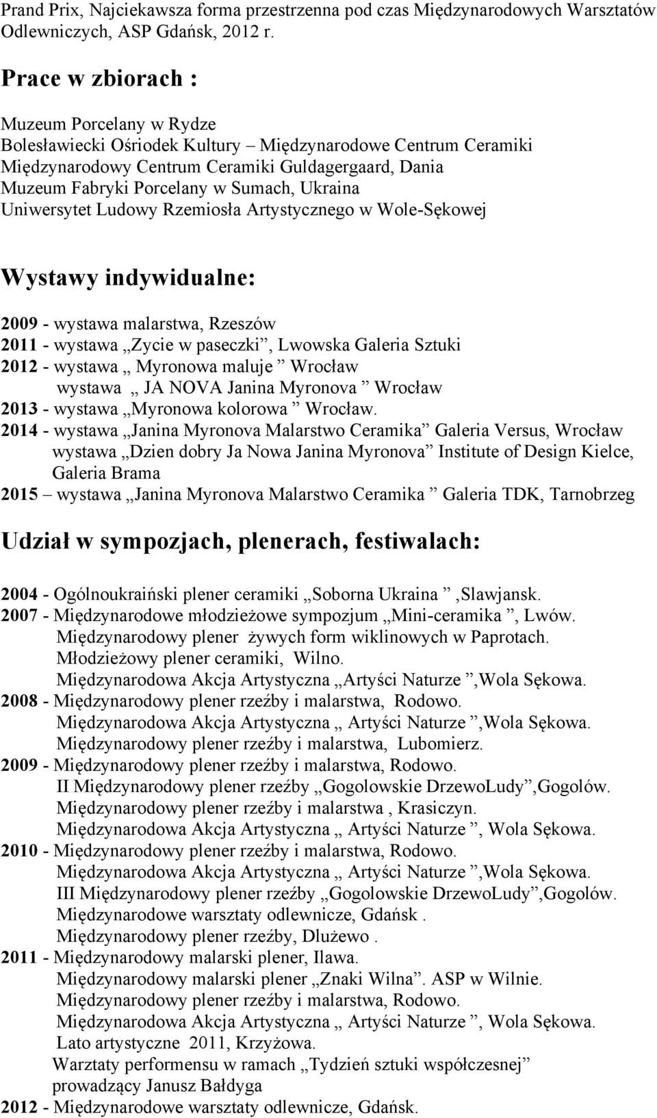 Ukraina Uniwersytet Ludowy Rzemiosła Artystycznego w Wole-Sękowej Wystawy indywidualne: 2009 - wystawa malarstwa, Rzeszów 2011 - wystawa Zycie w paseczki, Lwowska Galeria Sztuki 2012 - wystawa