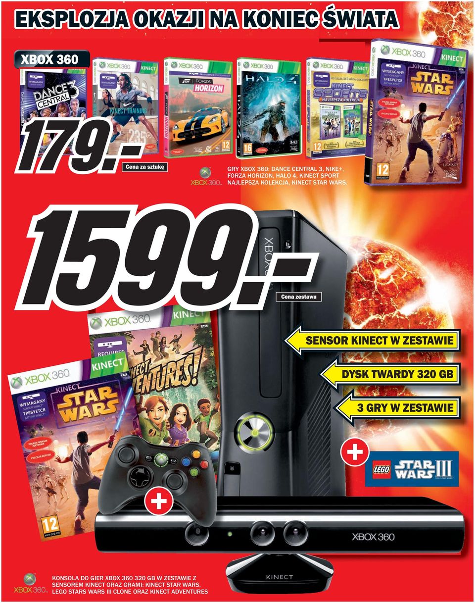 sensor kinect w zestawie DYsk twardy 320 GB 3 GRY w zestawie KONSOLA DO GIER XBOX 360 320 GB W