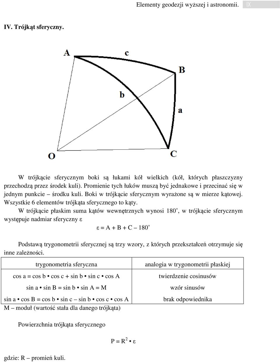W trójkącie płaskim suma kątów wewnętrznych wynosi 180, w trójkącie sferycznym występuje nadmiar sferyczny ε ε = A + B + C 180 Podstawą trygonometrii sferycznej są trzy wzory, z których przekształceń