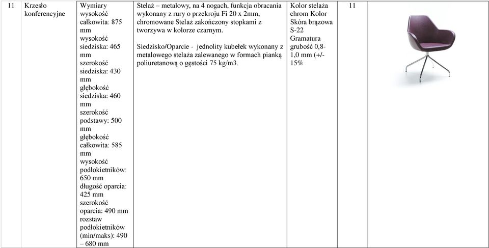 metalowy, na 4 nogach, funkcja obracania wykonany z rury o przekroju Fi 20 x 2mm, chromowane Stelaż zakończony stopkami z tworzywa w kolorze czarnym.