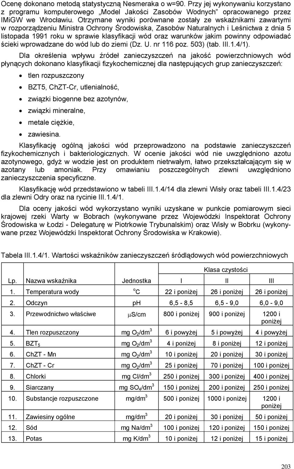 warunków jakim powinny odpowiadać ścieki wprowadzane do wód lub do ziemi (Dz. U. nr 116 poz. 503) (tab. III.1.4/1).