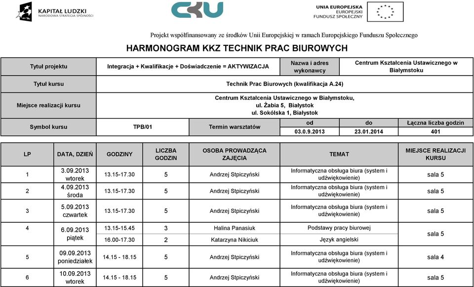 24) Miejsce realizacji kursu Symbol kursu TPB/01 Termin warsztatów Centrum Kształcenia Ustawicznego w Białymstoku, ul. Żabia 5, Białystok, Białystok od do Łączna liczba godzin 03.0.9.2013 23.01.2014 401 LP DATA, DZIEŃ Y 1 2 3 3.