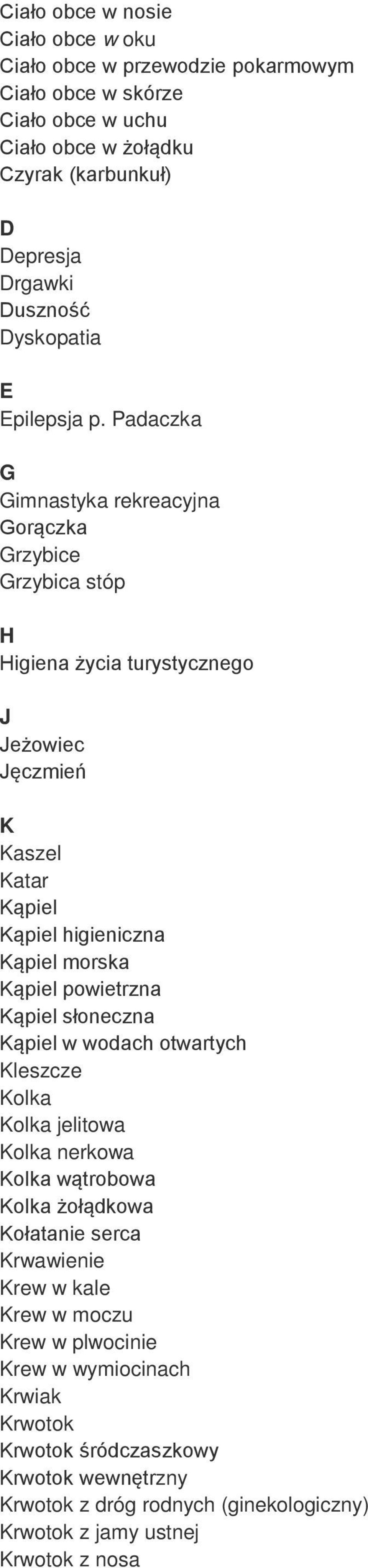 Padaczka G Gimnastyka rekreacyjna Gorączka Grzybice Grzybica stóp H Higiena życia turystycznego J Jeżowiec Jęczmień K Kaszel Katar Kąpiel Kąpiel higieniczna Kąpiel morska Kąpiel