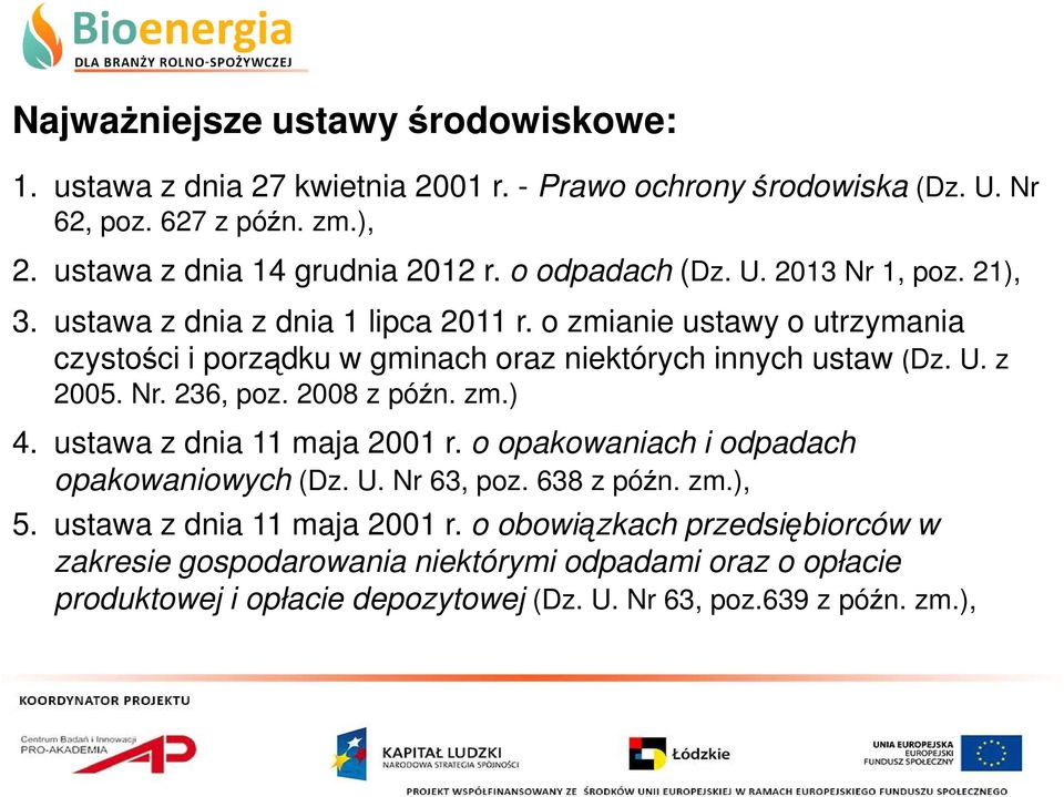 U. z 2005. Nr. 236, poz. 2008 z późn. zm.) 4. ustawa z dnia 11 maja 2001 r. o opakowaniach i odpadach opakowaniowych (Dz. U. Nr 63, poz. 638 z późn. zm.), 5.