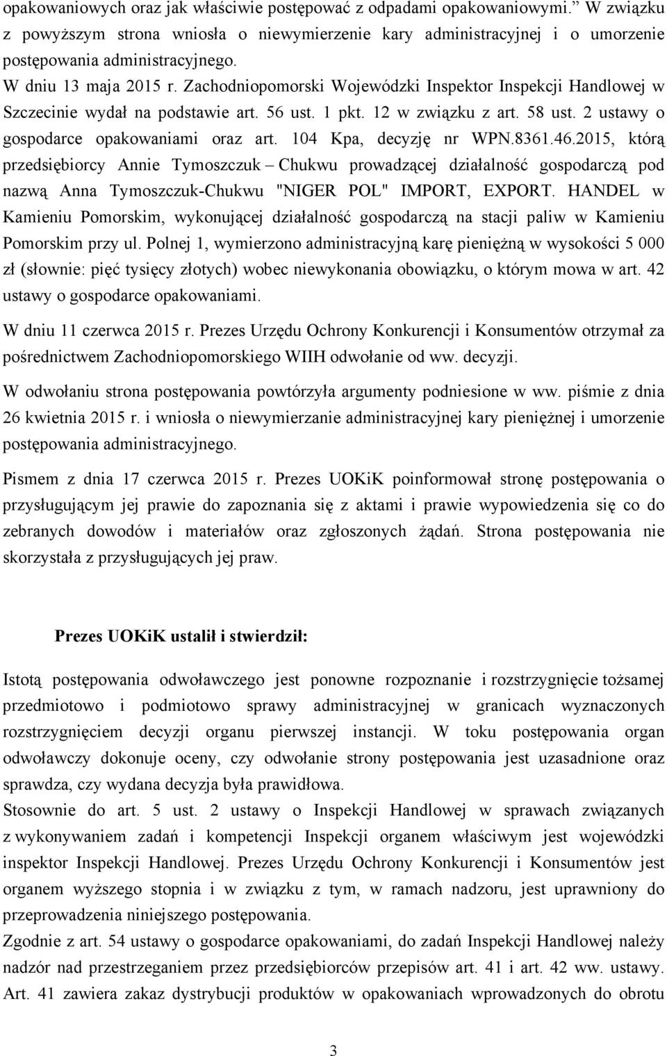 2 ustawy o gospodarce opakowaniami oraz art. 104 Kpa, decyzję nr WPN.8361.46.