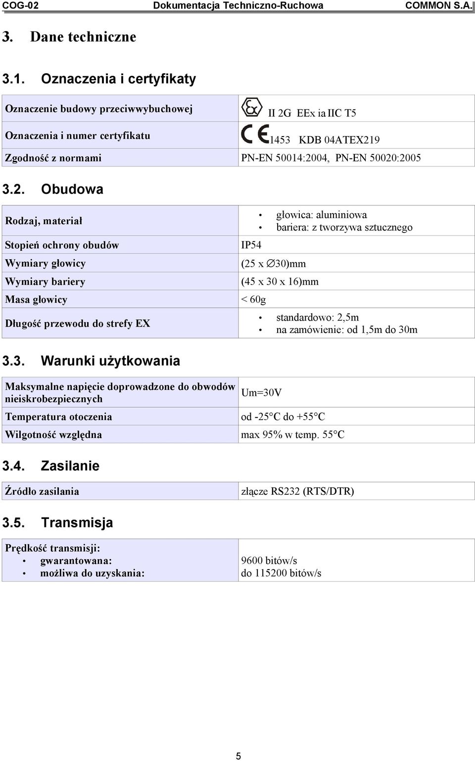 EEx ia IIC T5 Oznaczenia i numer certyfikatu 1453 KDB 04ATEX21