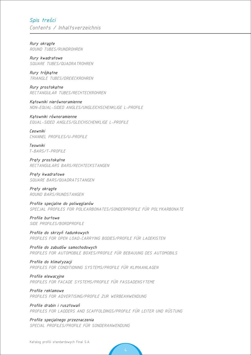 ETNGULS S/EHTEKSTNGEN Pręty kwadratowe SQUE S/QUDTSTNGEN Pręty okrągłe OUND S/UNDSTNGEN Profile specjalne do poliwęglanów SPEJL POFILES FO POLIONTES/SONDEPOFILE FÜ POLYKONTE Profile burtowe SIDE