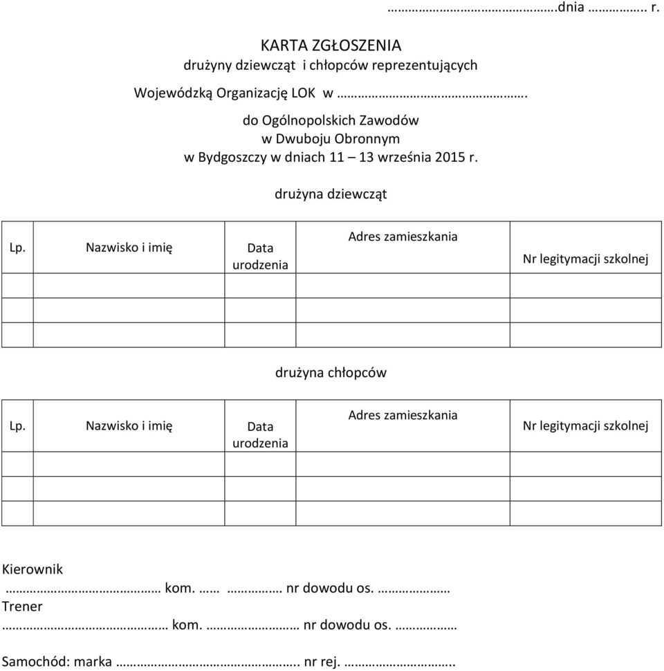 Nazwisko i imię Data urodzenia Adres zamieszkania Nr legitymacji szkolnej drużyna chłopców Lp.