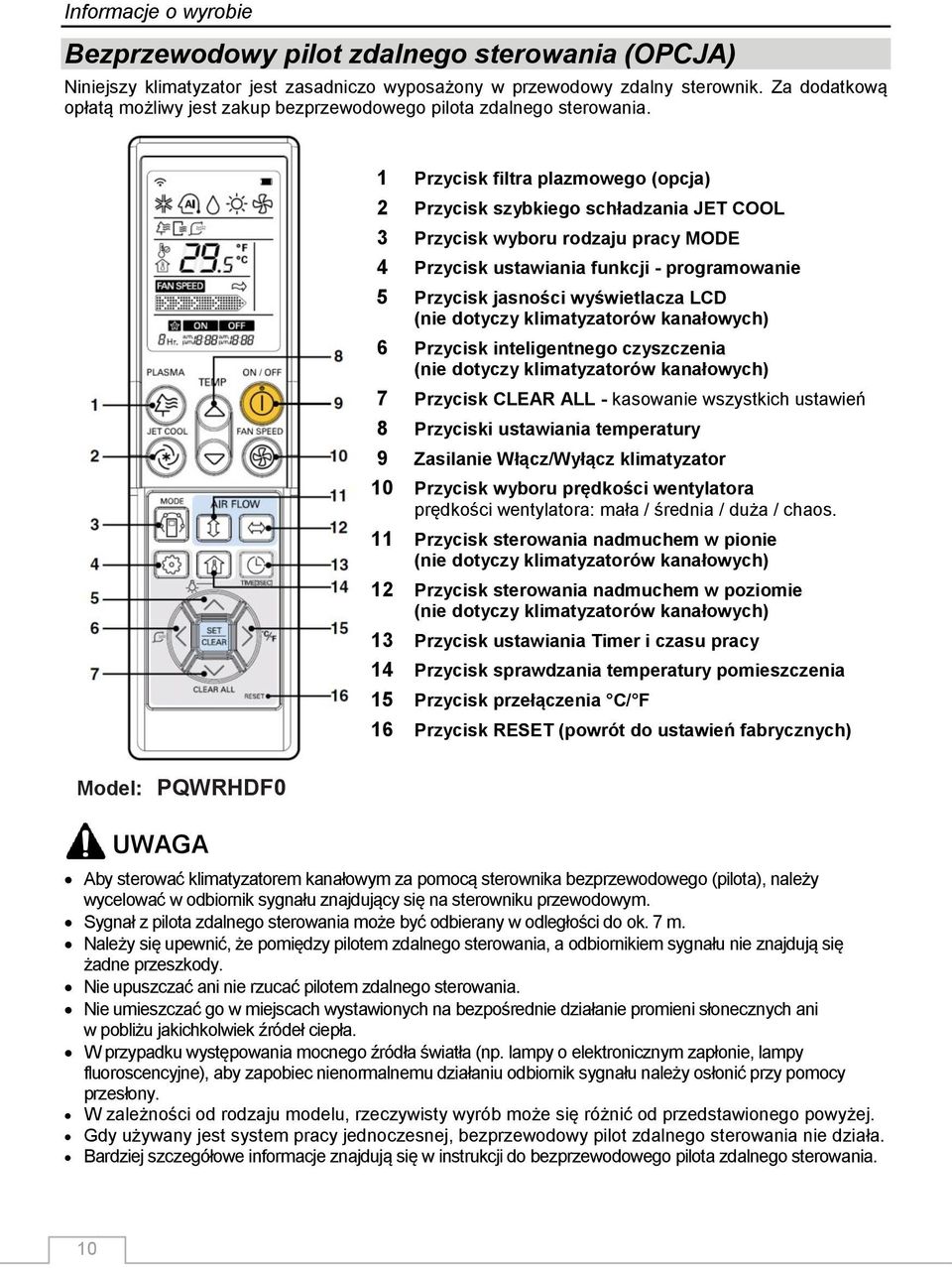 1 Przycisk filtra plazmowego (opcja) 2 Przycisk szybkiego schładzania JET COOL 3 Przycisk wyboru rodzaju pracy MODE 4 Przycisk ustawiania funkcji - programowanie 5 Przycisk jasności wyświetlacza LCD