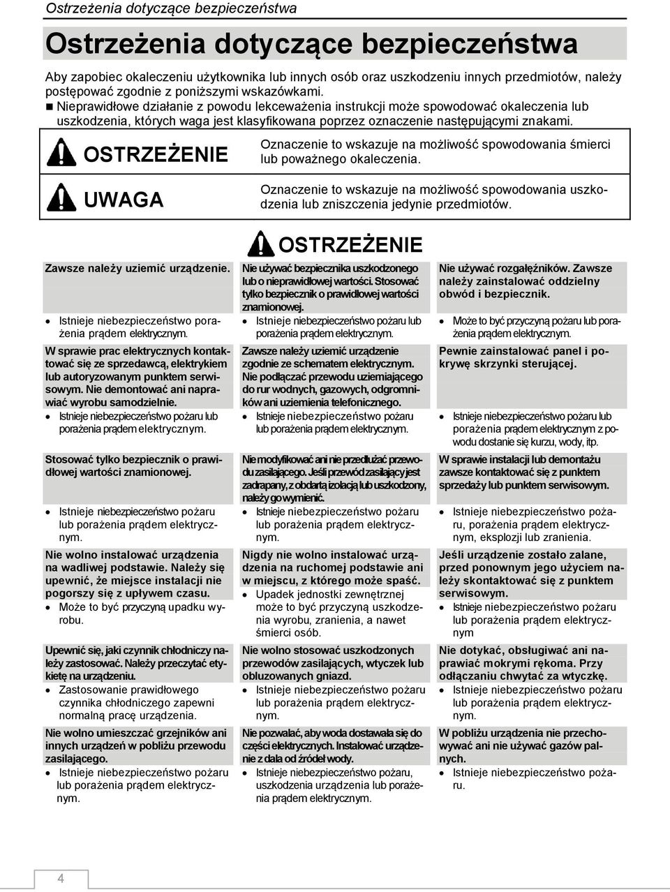 OSTRZEŻENIE Oznaczenie to wskazuje na możliwość spowodowania śmierci lub poważnego okaleczenia. UWAGA Zawsze należy uziemić urządzenie. Istnieje niebezpieczeństwo porażenia prądem elektrycznym.