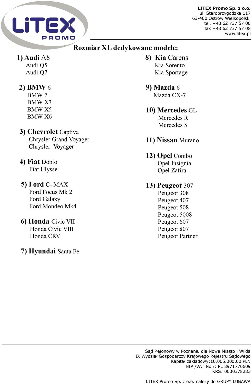 Mk4 6) Honda Civic VII Honda Civic VIII Honda CRV 9) Mazda 6 Mazda CX-7 10) Mercedes GL Mercedes R Mercedes S 11) Nissan Murano 12) Opel