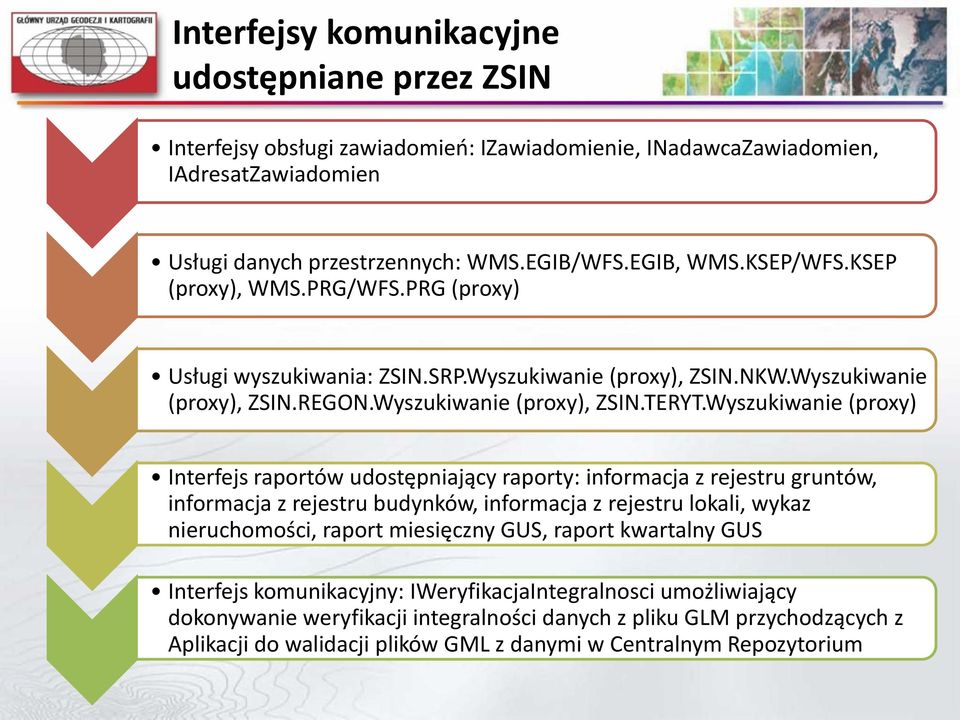 Wyszukiwanie (proxy) Interfejs raportów udostępniający raporty: informacja z rejestru gruntów, informacja z rejestru budynków, informacja z rejestru lokali, wykaz nieruchomości, raport miesięczny