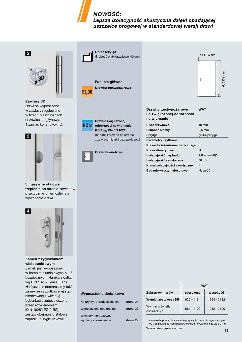 RC 2 Drzwi o zwiększonej odporności na włamanie RC 2 wg PN-EN 1627 (badane zarówno po stronie z zawiasami, jak i bez zawiasów) Drzwi wewnętrzne Drzwi przeciwpożarowe i o zwiększonej odporności na