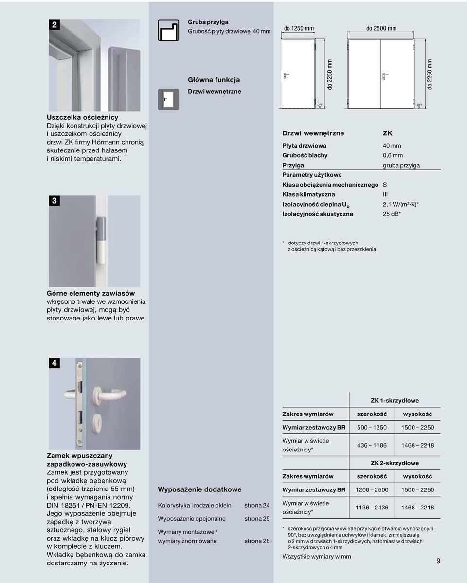 Drzwi wewnętrzne Płyta drzwiowa Grubość blachy Przylga Parametry użytkowe Klasa obciążenia mechanicznego Klasa klimatyczna Izolacyjność cieplna U D Izolacyjność akustyczna ZK 40 mm 0,6 mm gruba