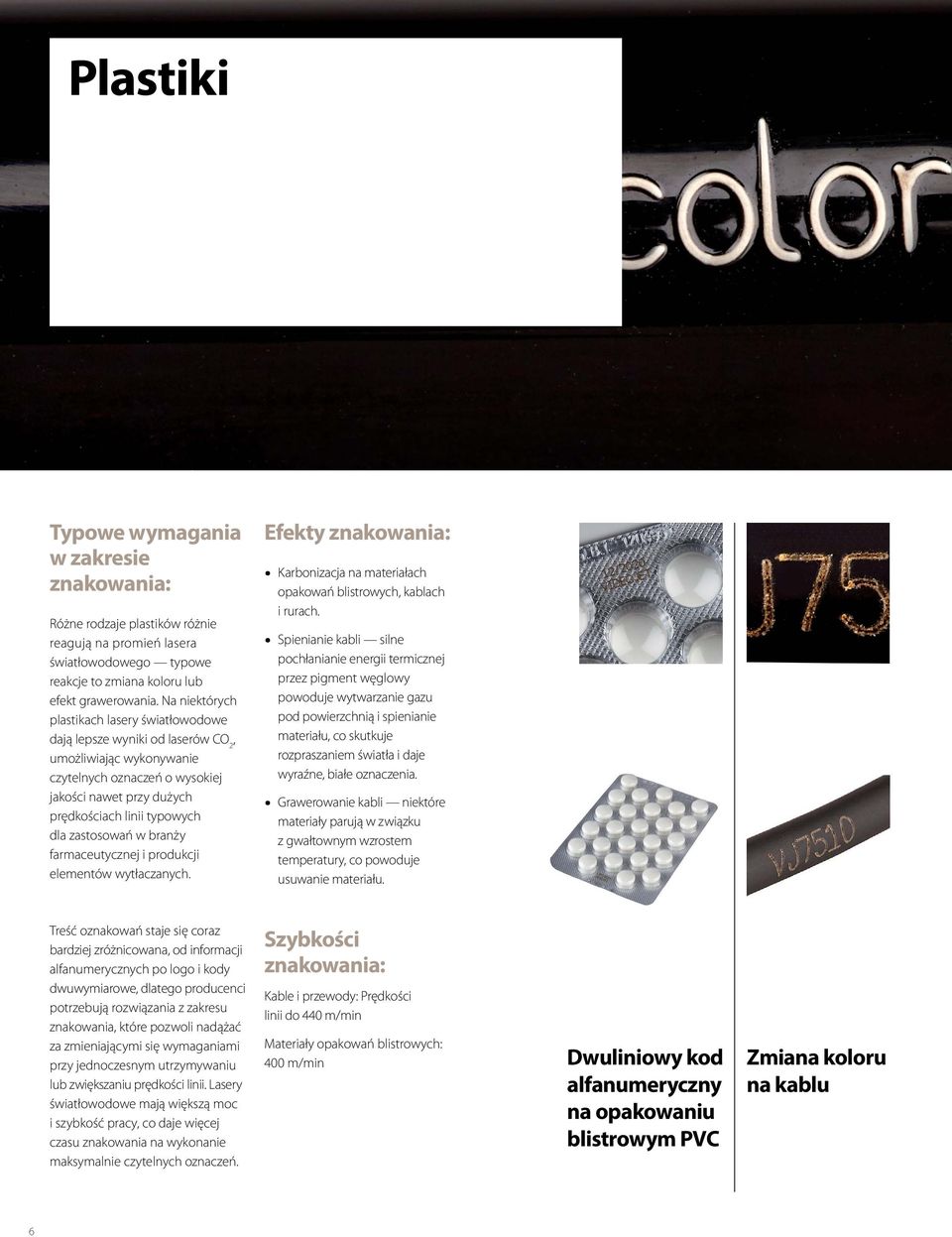 zastosowań w branży farmaceutycznej i produkcji elementów wytłaczanych. Efekty znakowania: Karbonizacja na materiałach opakowań blistrowych, kablach i rurach.