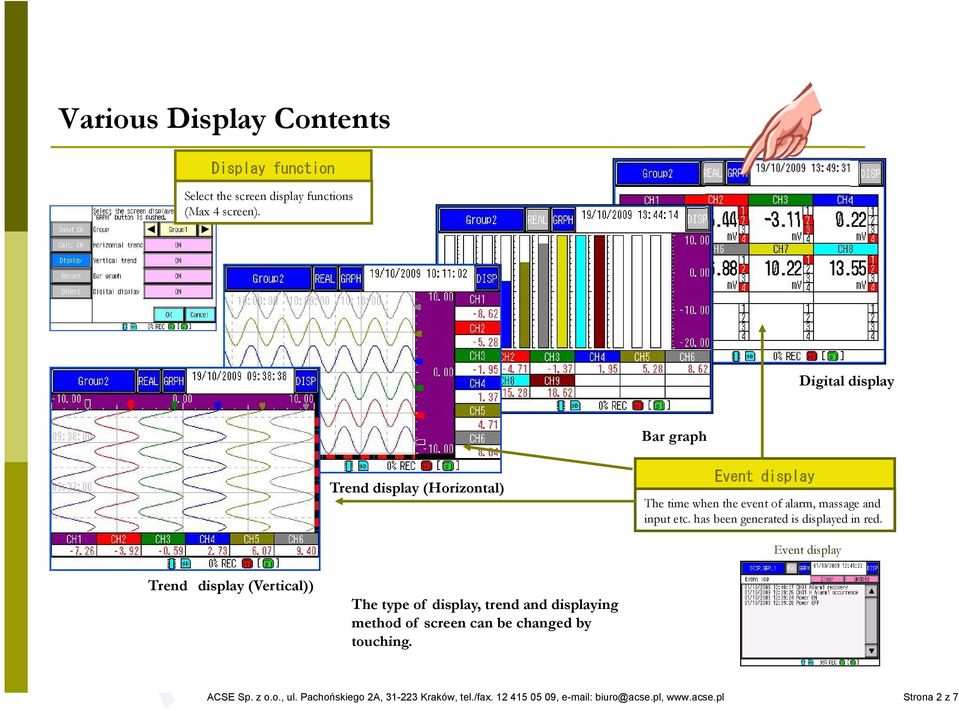 changed by touching. Bar graph Event display Digital display The time when the event of alarm, massage and input etc.