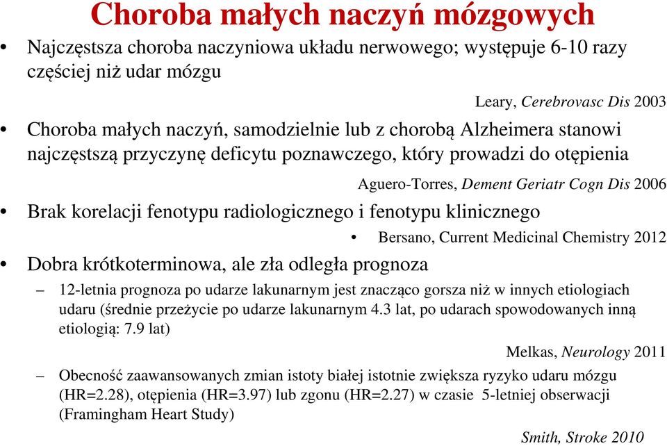 klinicznego Bersano, Current Medicinal Chemistry 2012 Dobra krótkoterminowa, ale zła odległa prognoza 12-letnia prognoza po udarze lakunarnym jest znacząco gorsza niż w innych etiologiach udaru